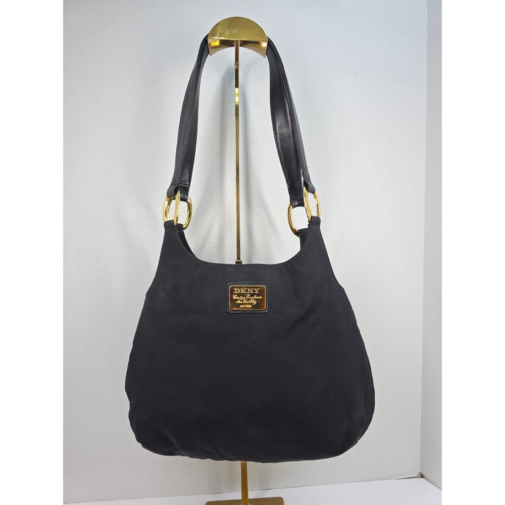 DKNY Y2K Black Nylon Hobo Shoulder Bag Gold Tone Hardware Logo Plaque Est 1989